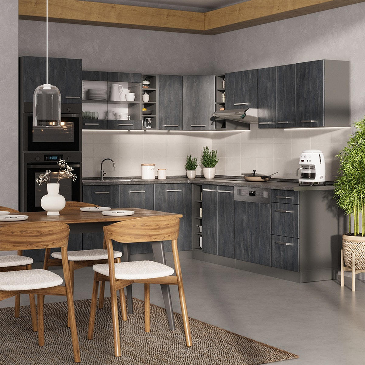 ECKKÜCHE R-Line, Schwarz Beton/Anthrazit, 247 x 237 cm AP Anthrazit - Anthrazit/Schwarz, Holzwerkstoff (247/81.6/60cm) - Vicco
