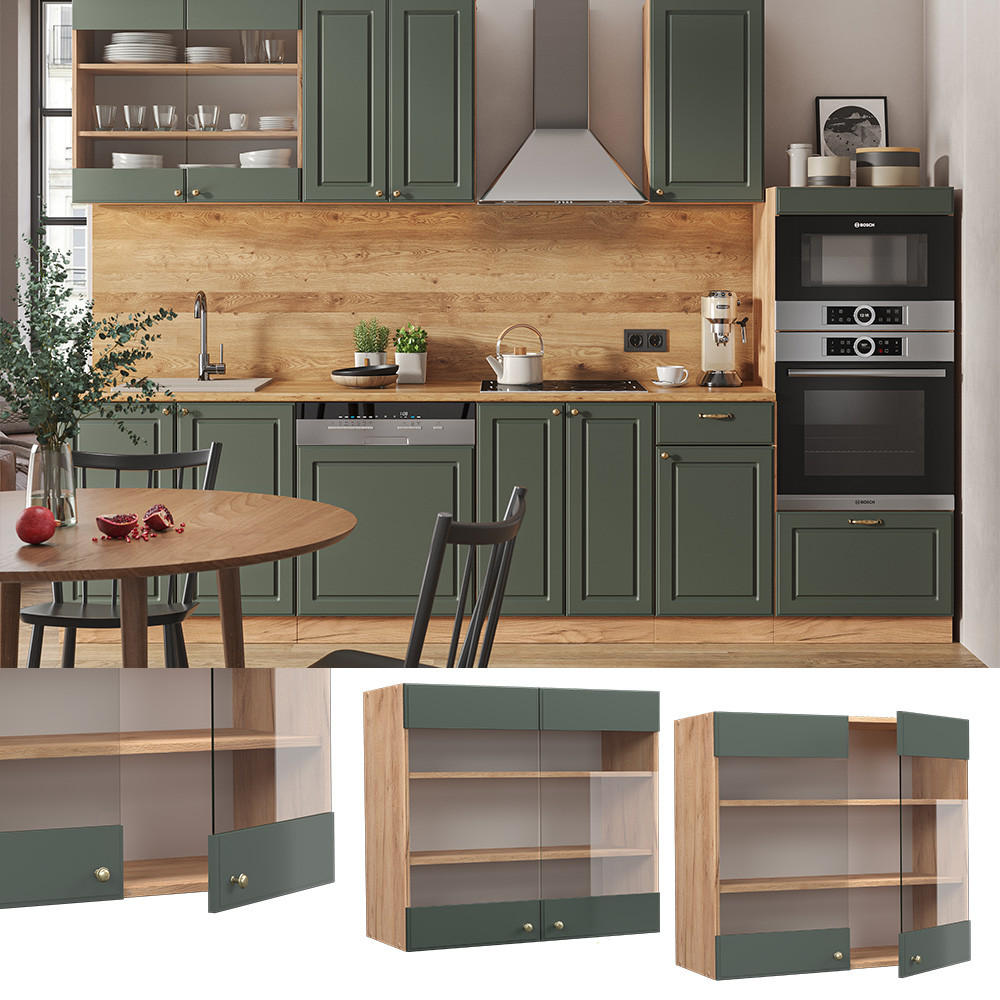 KÜCHENGLASSCHRANK Fame-Line Grün-Gold Landhaus 80 cm - Eiche Wotan/Grün, Holzwerkstoff (80/72/34.1cm) - Vicco