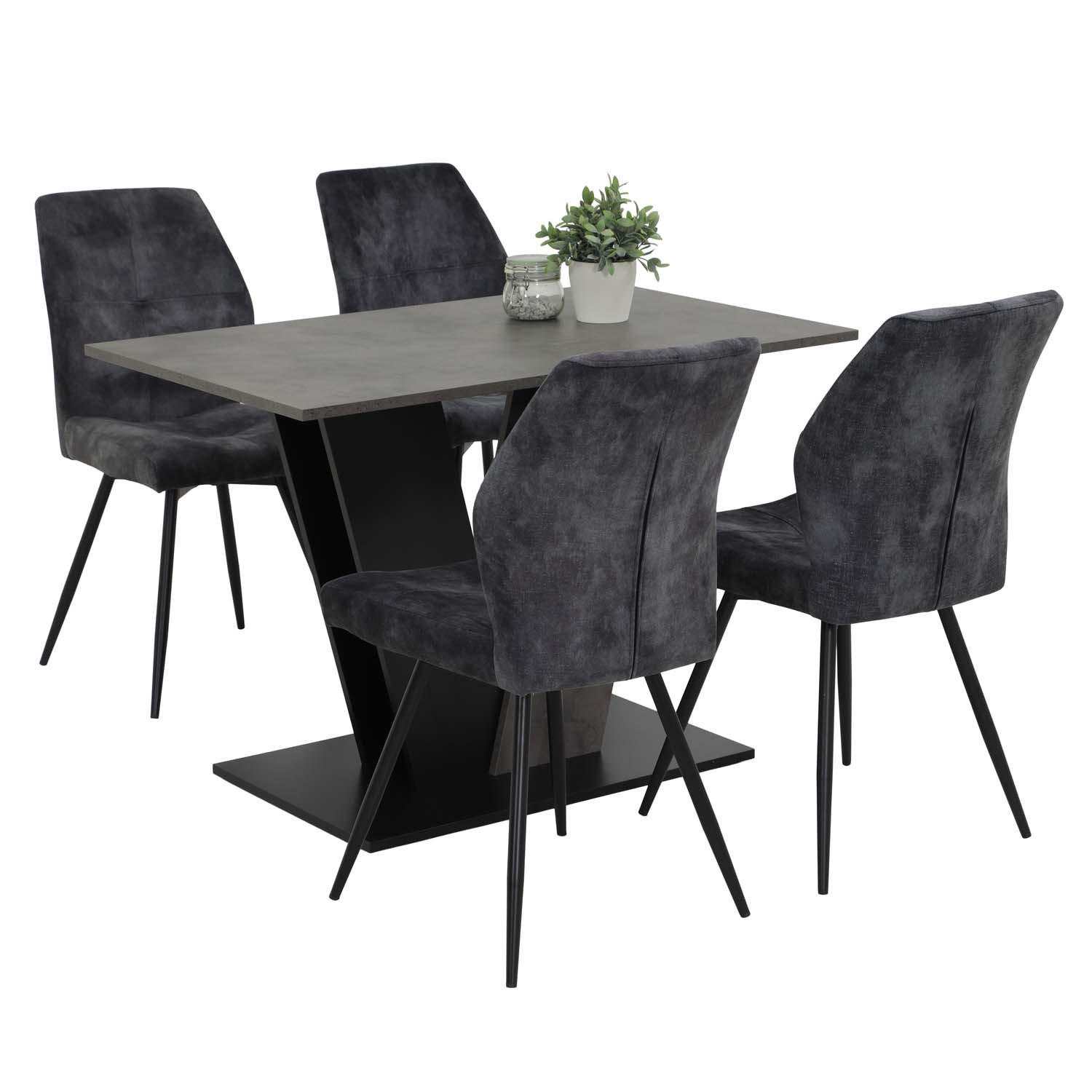 ESSGRUPPE Neelia, 5 tlg. - Tisch Betonoptik, 4 Stühle Anthrazit - Anthrazit/Schwarz, Holzwerkstoff/Textil (140/76/80cm) - Möbel Stellbrink