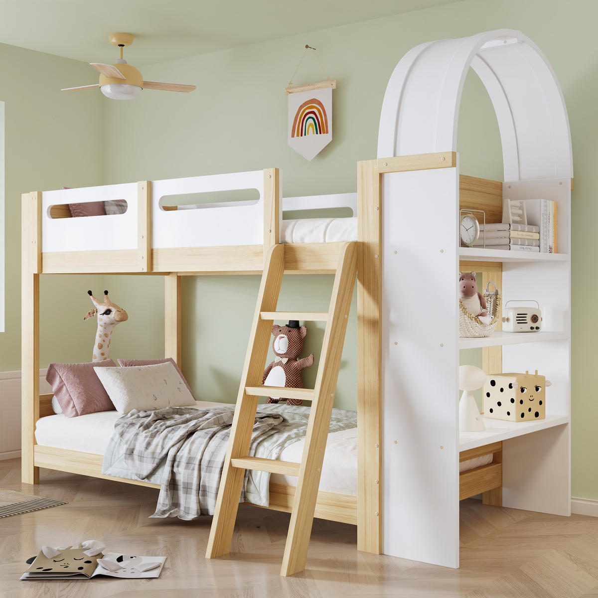 ETAGENBETT 90/200 cm Weiß+Natur mit dreistufigem Regal und sicherem Bettgitter aus Kiefer und MDF - Naturfarben, Holzwerkstoff (90/200cm) - OKWISH