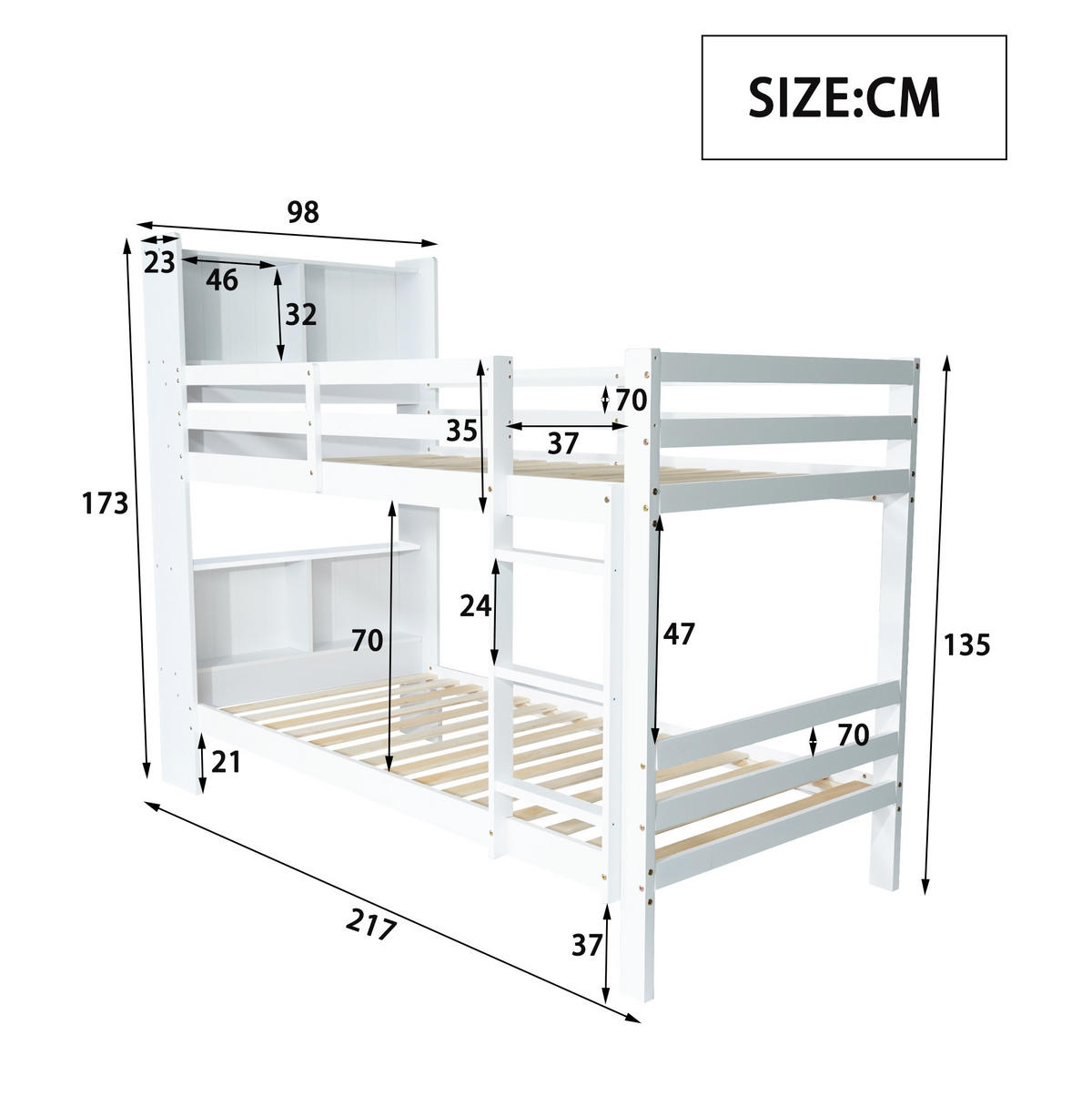 ETAGENBETT 90/200 cm mit Kopfregalen und rechtwinkliger Leiter und MDF, Weiß - Weiß, Holzwerkstoff (90/200cm) - Redom