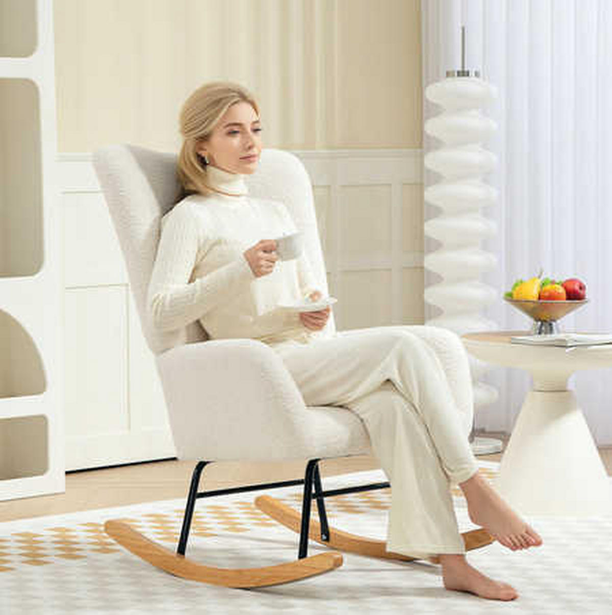 SCHAUKELSTUHL 70/94/100 cm in Cremeweiß mit Teddystoff und Holzkufen - Creme, Textil (70/100/94cm) - Flora Grace