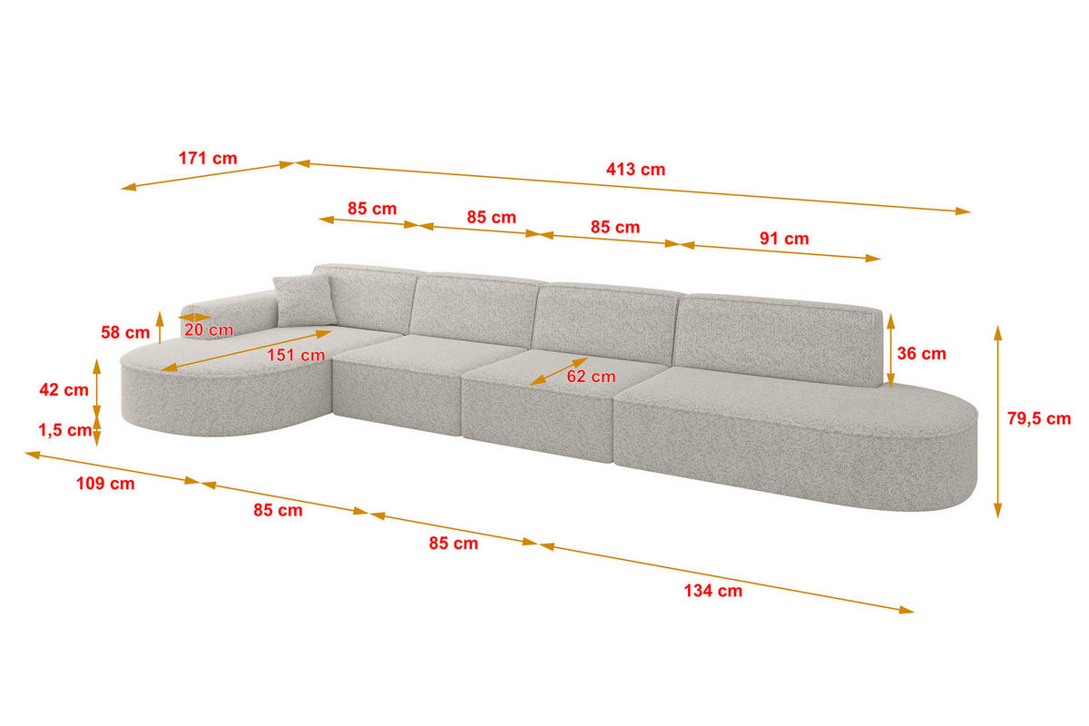 ECKSOFA Ottomane Links MARI-L3 - 413x171x79 cm Hellgrau Tissu - Hellgrau/Schwarz, Holzwerkstoff/Kunststoff (413/171cm) - ALTDECOR