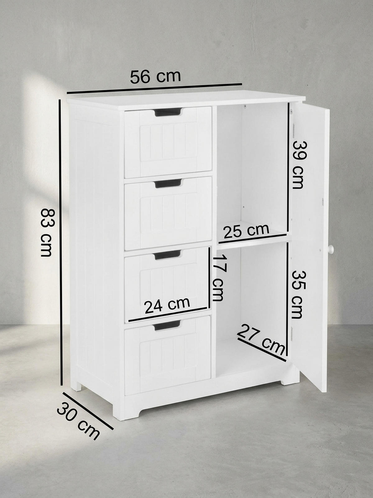 BADSCHRANK Weiß 30x83x30 cm im Landhausstil aus MDF mit 4 Schubladen - Weiß, Holz (56/83/30cm) - KADIMA DESIGN