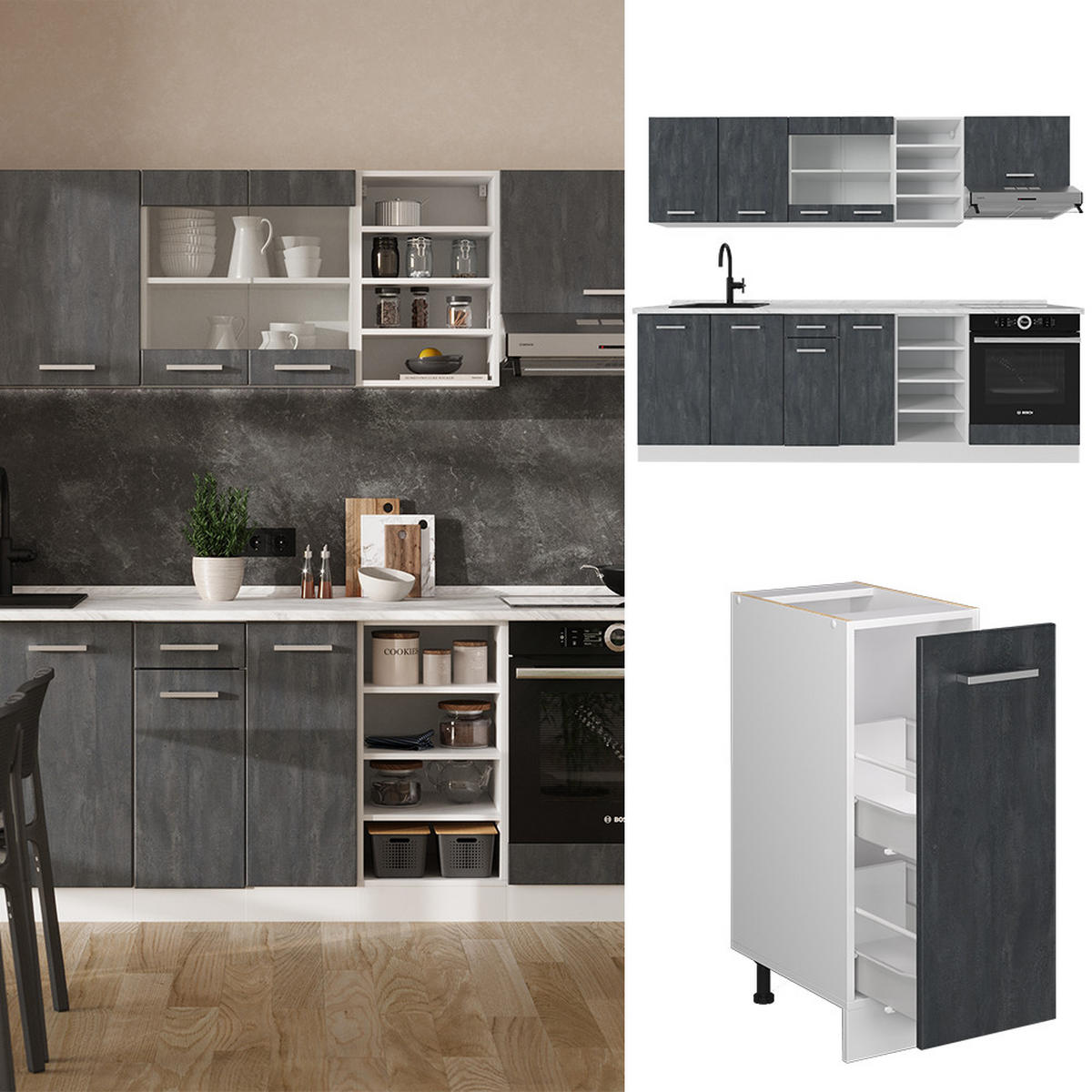 KÜCHENZEILE R-Line Schwarz Beton/Weiß 240 cm AP Marmor - Schwarz/Weiß, Holzwerkstoff (240/81.6/60cm) - Vicco