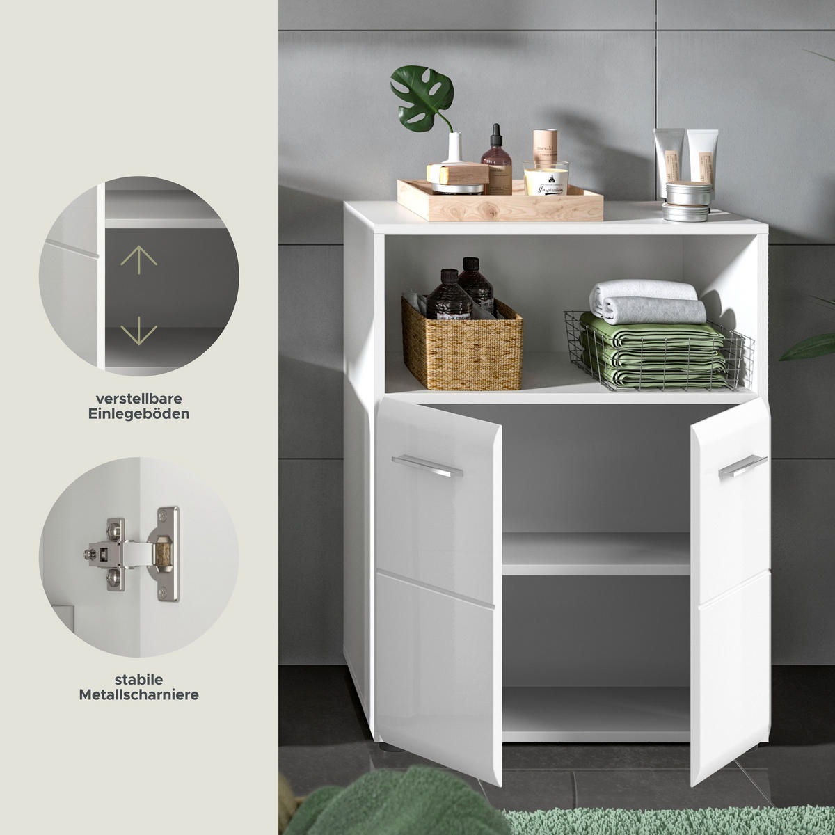 STANDSCHRANK breit Ice Bad in weiß Nachbildung und weiß hochglanz B/H/T: 60x80x30 cm - Weiß, Holz (60/80/30cm)