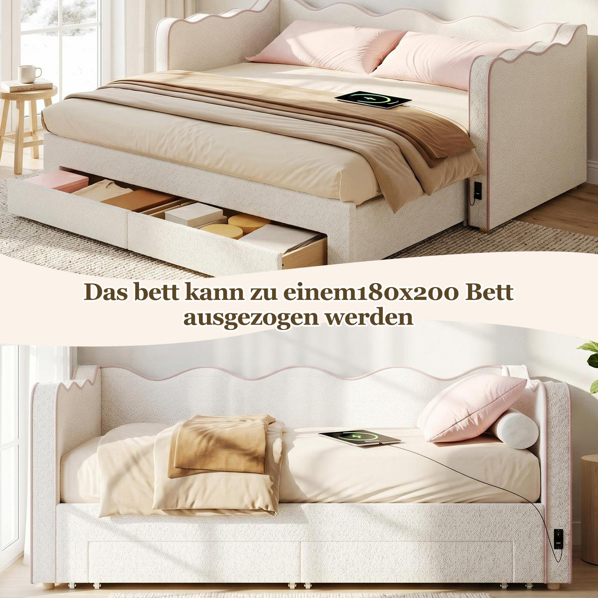 POLSTERBETT 90/200 cm in Beige mit 2 Schubladen, USB und Type-C - Beige, Holzwerkstoff/Textil (90/200cm) - CHICFURN