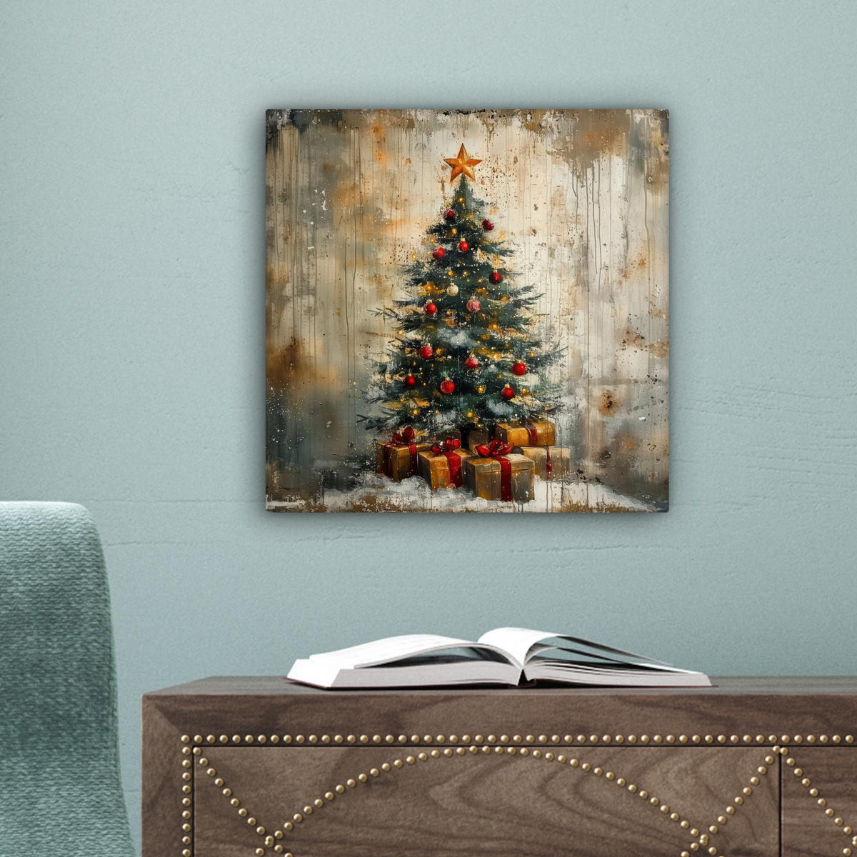 LEINWANDBILD Weihnachtsbaum - Vintage - Weihnachten - Geschenk 20x20 cm - Rostfarben, Textil (20/20cm) - MuchoWow