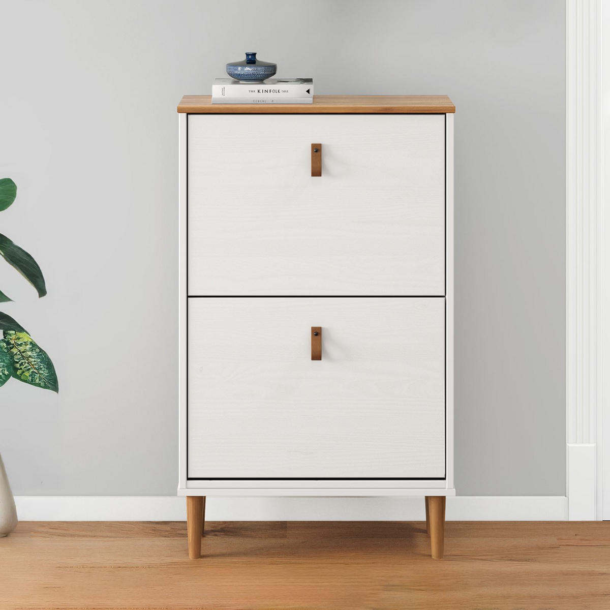 SCHUHKIPPER MIKKA weiß/Eiche - Eichefarben/Weiß, Holz (59/96/25cm) - IDIMEX