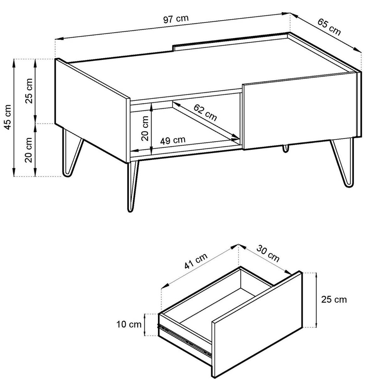 COUCHTISCH 97 cm mit Schublade Olven, goldene Beine, Schwarz - Schwarz, Holz (65/97/45cm) - Emporius