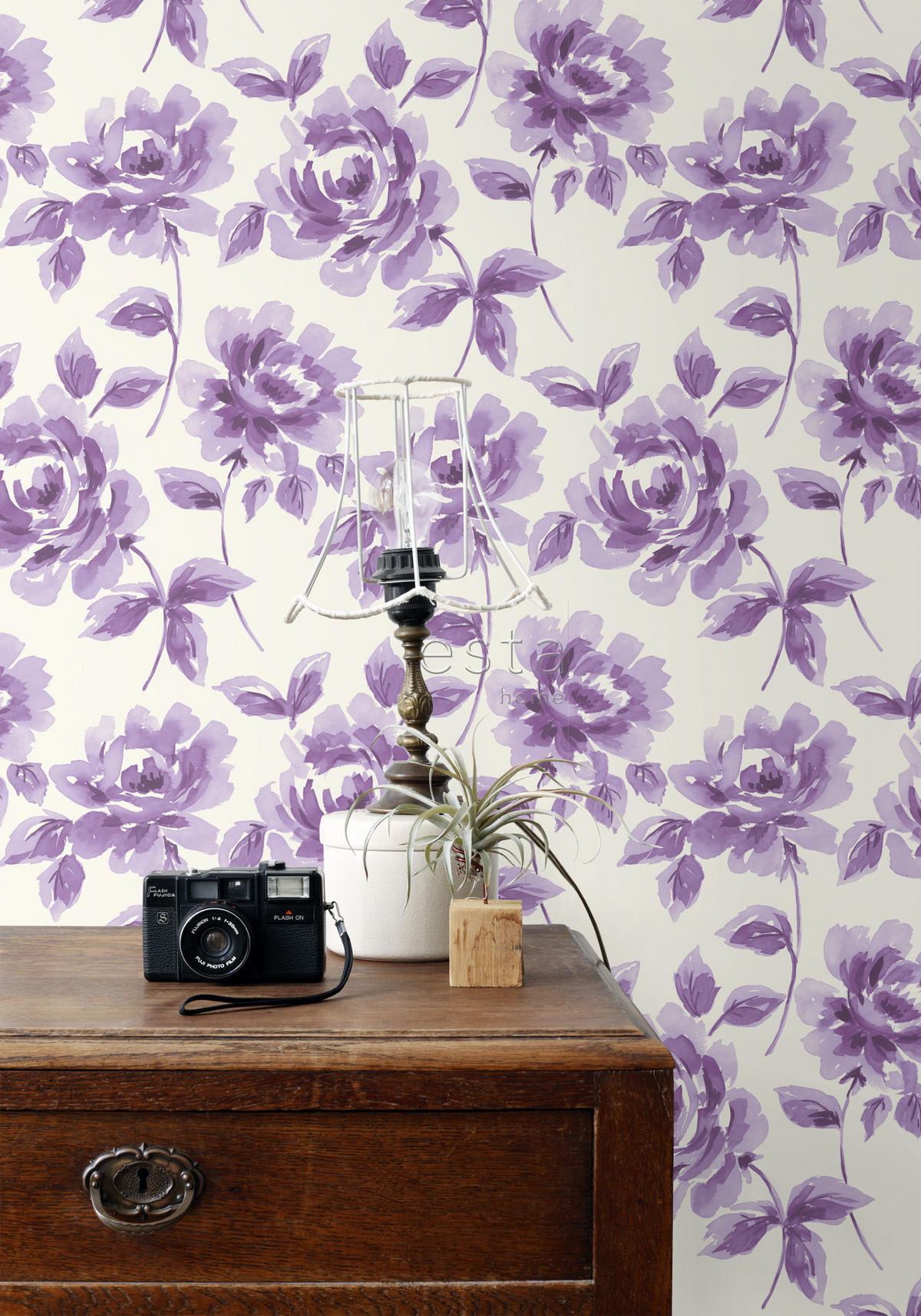 TAPETE Aquarell gemalte Rosen 53 cm x 10.05 m - Lila, Papier (53/1000cm) - ESTAhome