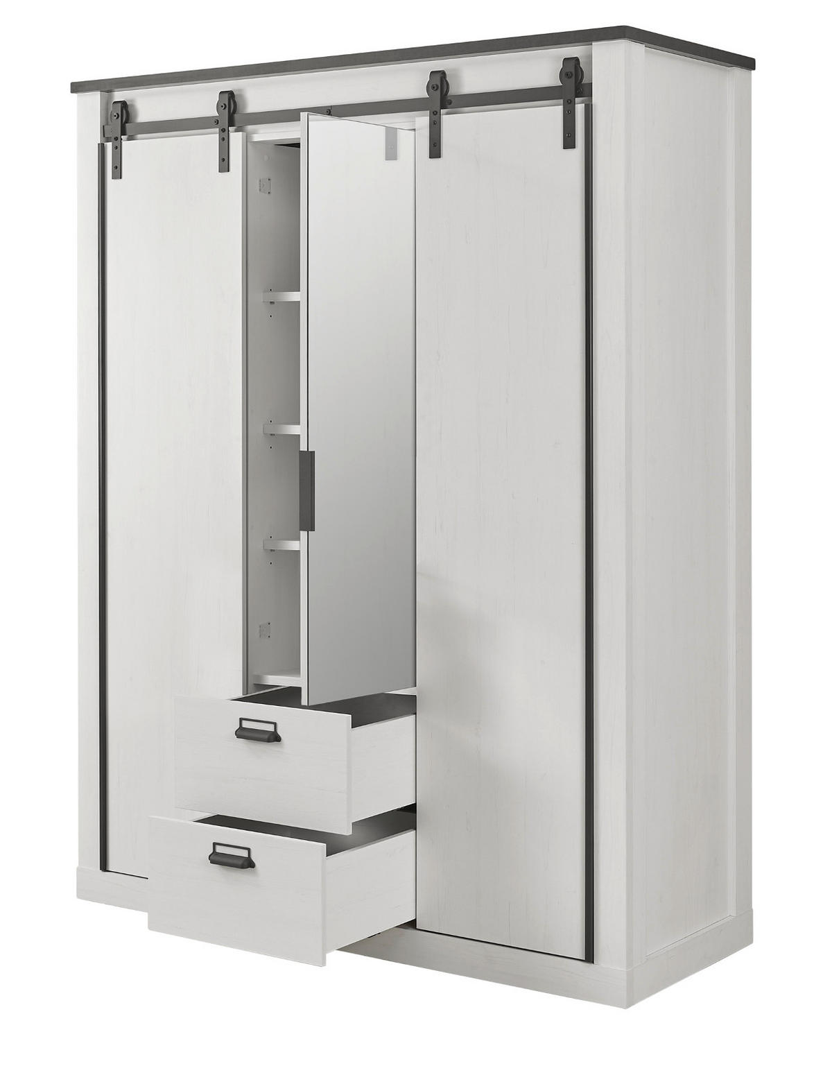 KLEIDERSCHRANK weiß Pinie, anthrazit Landhaus, Schiebetürenschrank 3-türig mit Spiegel 163 x 209 - Anthrazit/Weiß, Holzwerkstoff/Metall (162/209/63cm) - Furn.Design