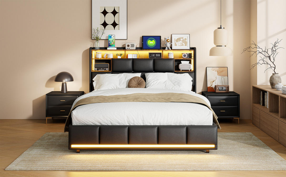 POLSTERBETT 140x200 Schwarz LED - Schwarz, Holzwerkstoff (140/200cm) - SHOPENTRA