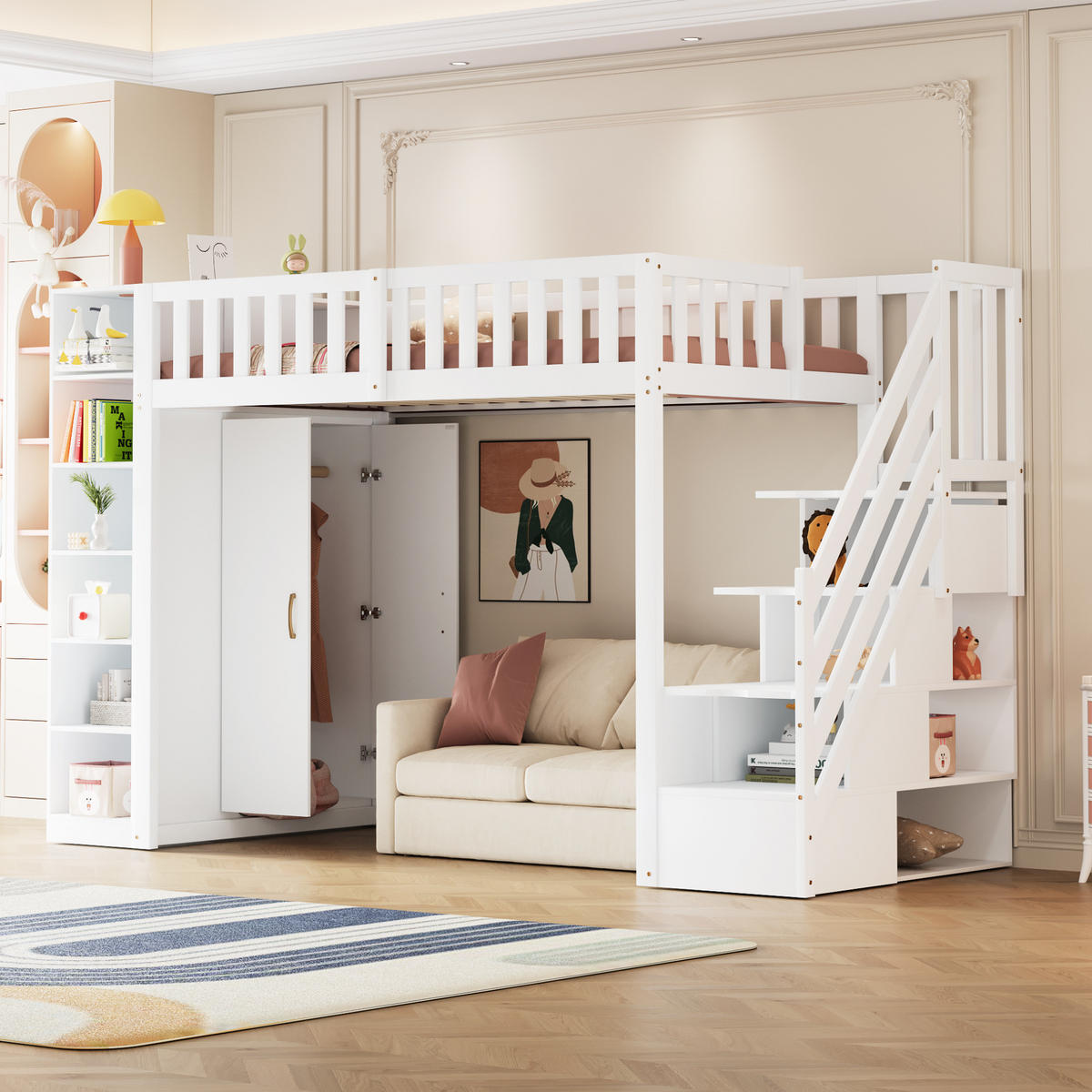 HOCHBETT 90/200 cm Weiß mit Regalen und Stauschrank aus Holz - Weiß, Holzwerkstoff (90/200cm) - OKWISH