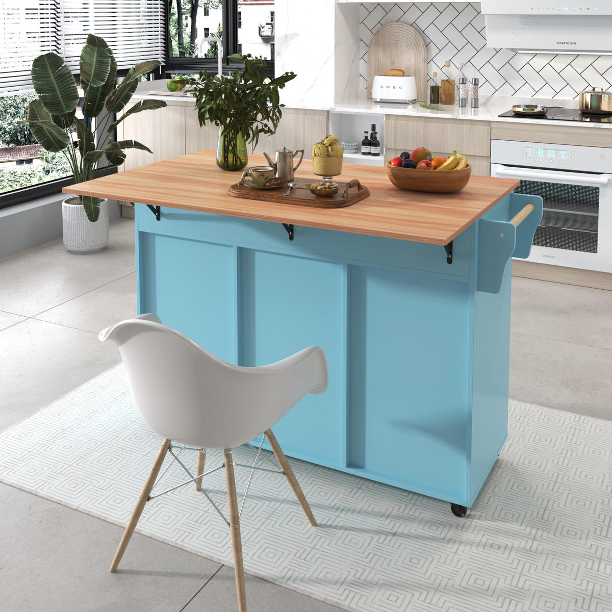KÜCHENINSEL KLAPPBARE ARBEITSPLATTE, auf Rollen, Holzoptik-Blau, für Küche und Esszimmer, 129/46/91,5 cm - Blau, Kunststoff (46/91.5/120cm) - Rolipo
