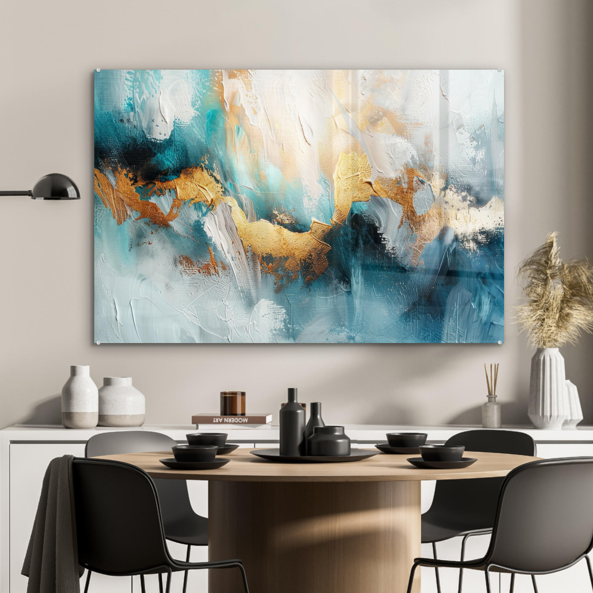 ACRYLGLASBILD Abstrakt - Kunst - Gold - Blau 120x80 cm - Petrol, Glas (120/80cm) - MuchoWow