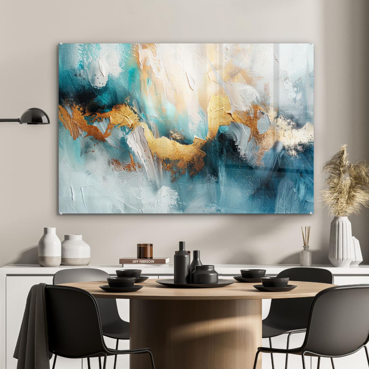 ACRYLGLASBILD Abstrakt - Kunst - Gold - Blau 90x60 cm - Petrol, Glas (90/60cm) - MuchoWow