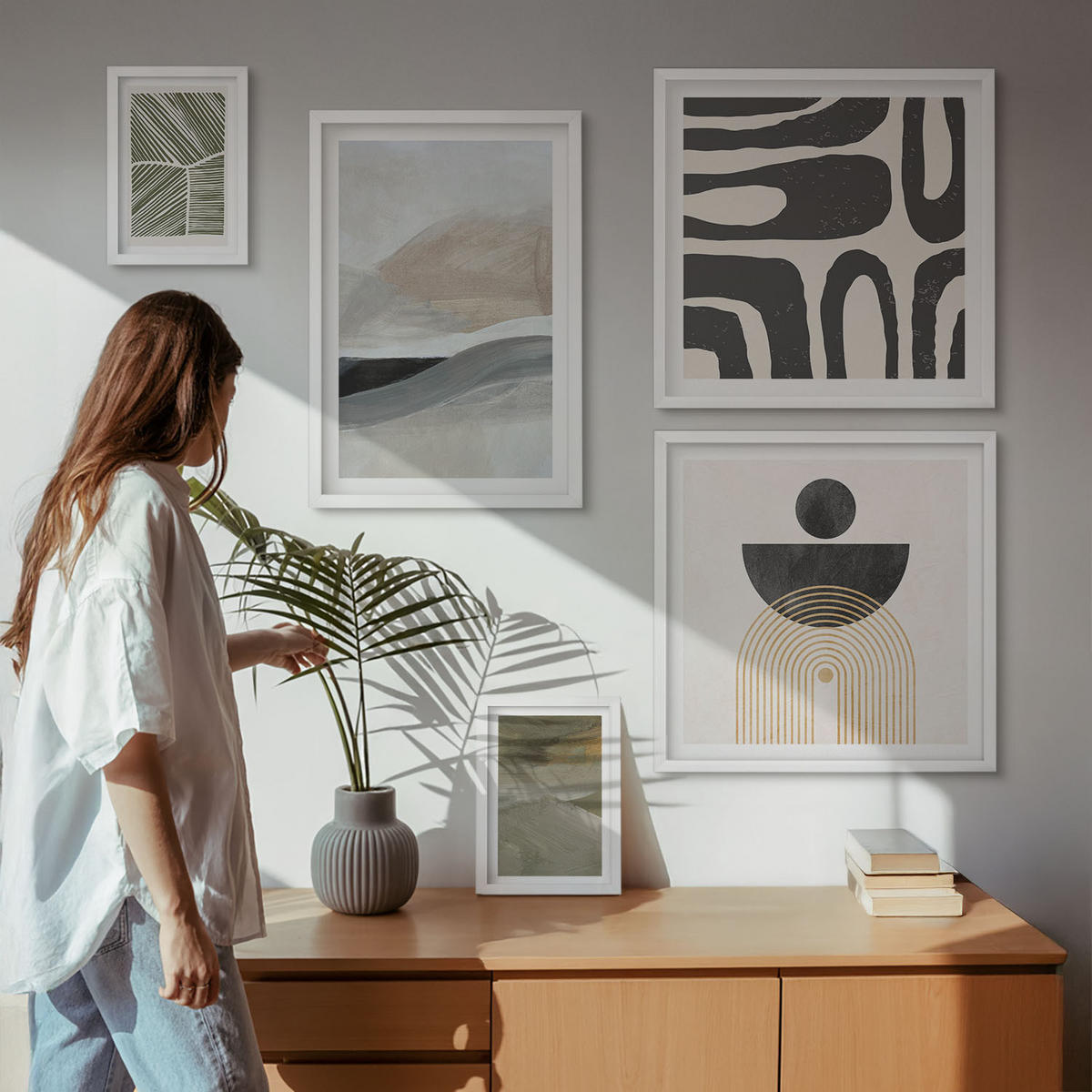 BILDER SET 5er Set - 50x50 cm & 20x30 cm & 40x60 cm Weißer Rahmen - Gemalte abstrakte Dekorationen - Weiß, Kunststoff (40/60cm) - TULUP