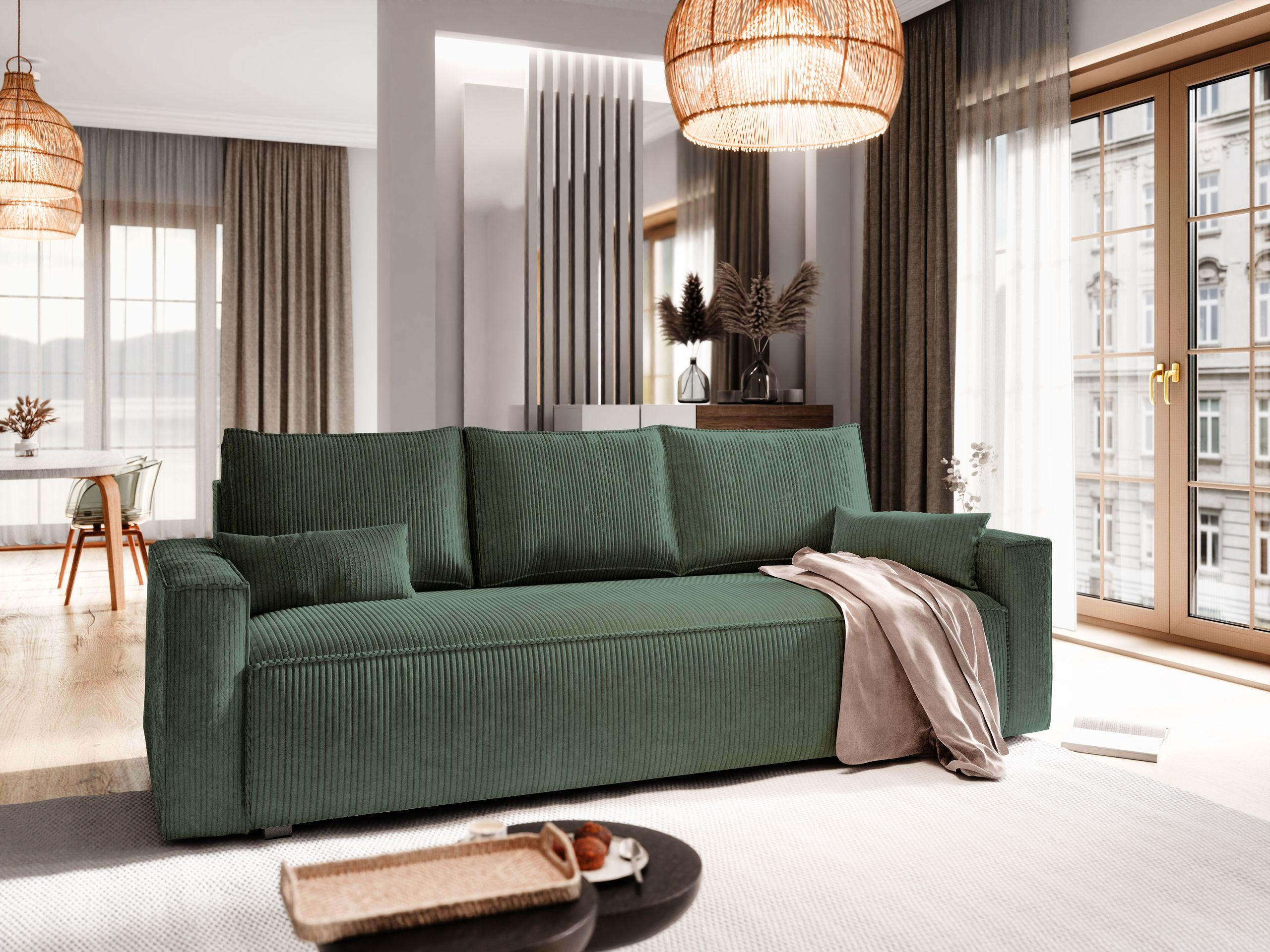 BETTSOFA MENI Grün Kordstoff mit Schlaffunktion - Grün, Textil (232/83/87cm) - MASSENO