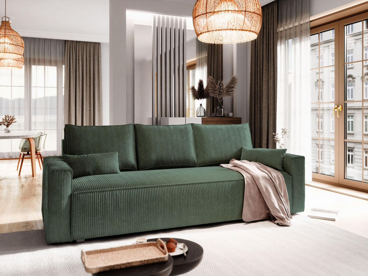 BETTSOFA MENI Grün Kordstoff mit Schlaffunktion - Grün, Textil (232/83/87cm) - MASSENO