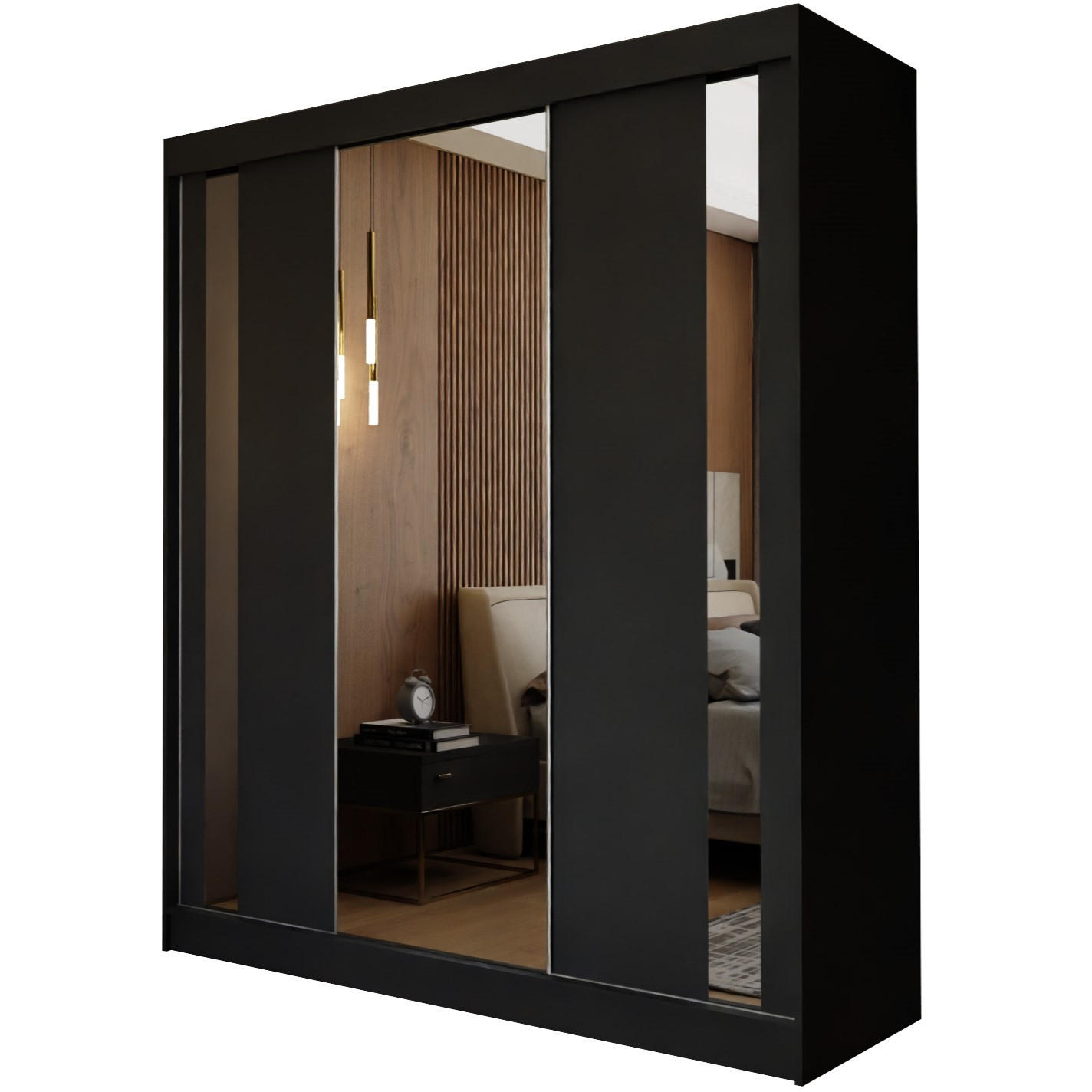 SCHWEBETÜRENSCHRANK GRAZIA 180/216/61 cm 3-türig mit Spiegel Schwarz - Schwarz, Holzwerkstoff (180/216/61cm) - MASSENO