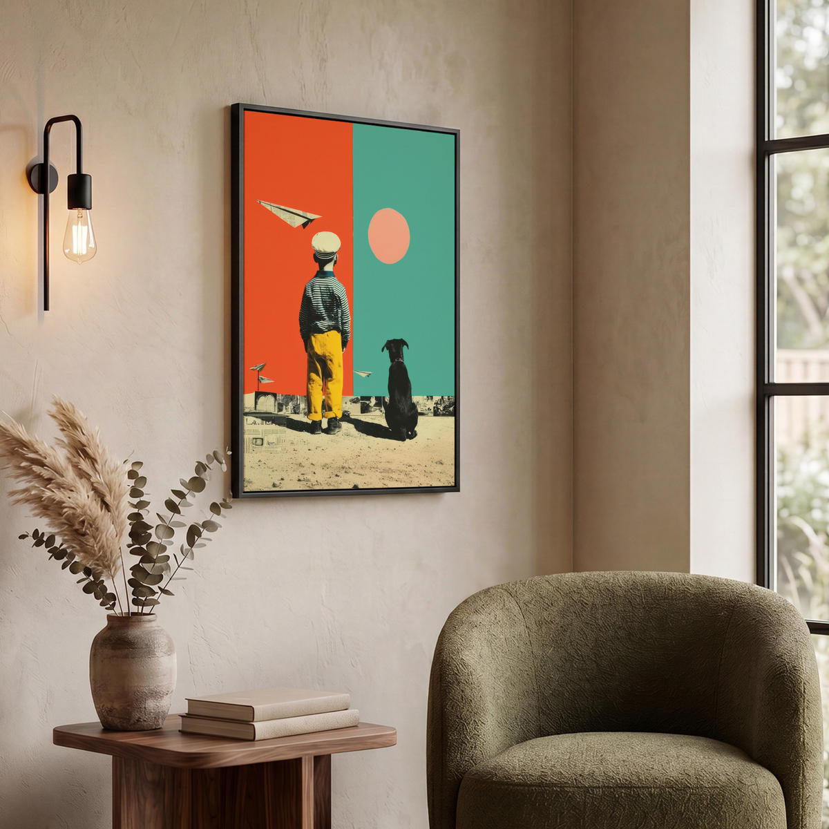 LEINWAND Bilder mit Rahmen - Retro - Junge - Hund - Rot - Grün - 50x70 - Orange, Textil (50/70cm) - MuchoWow