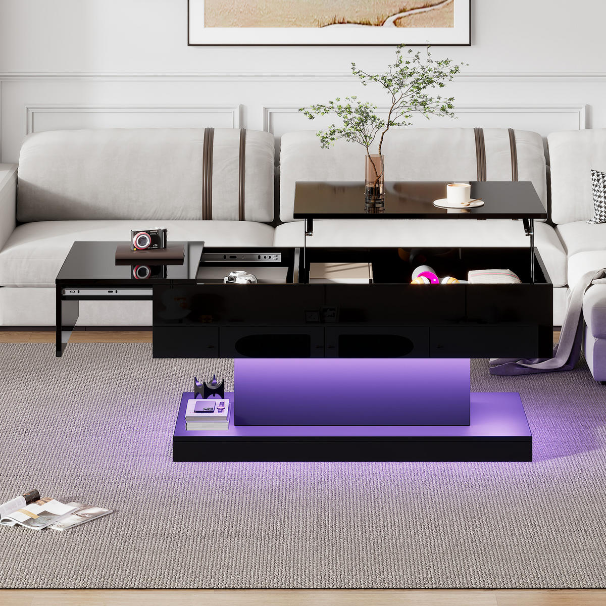 COUCHTISCH, Hochglanz schwarz, hydraulisch liftbar, Platte seitlich verschiebbar, mit LED & Stauraum, 100/50/45 cm,schwarz - Schwarz, Holzwerkstoff (100/50/45cm) - Redom