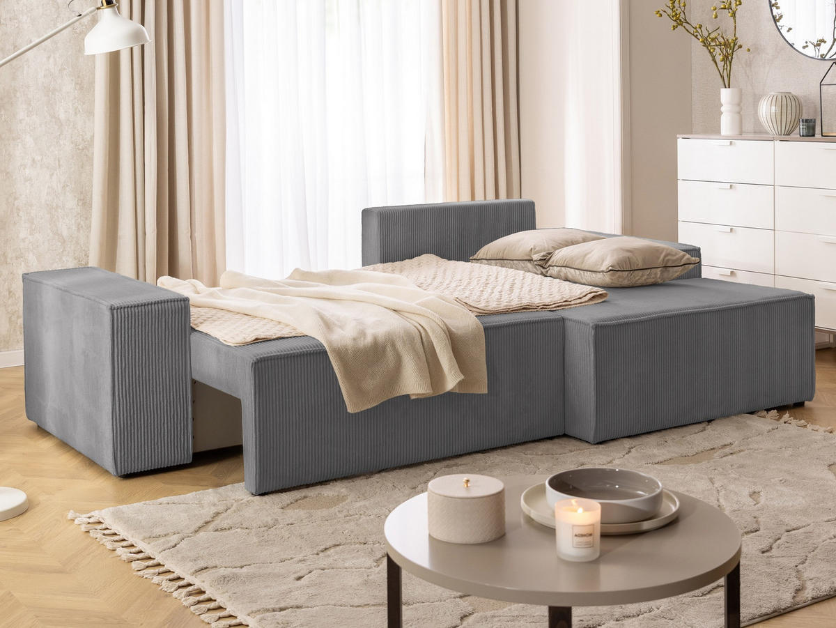 ECKSOFA Rivio mit Schlaffunktion und Bettkasten, Cordstoff Grau - Schwarz/Grau, Holz/Kunststoff (262/149cm) - S-Style