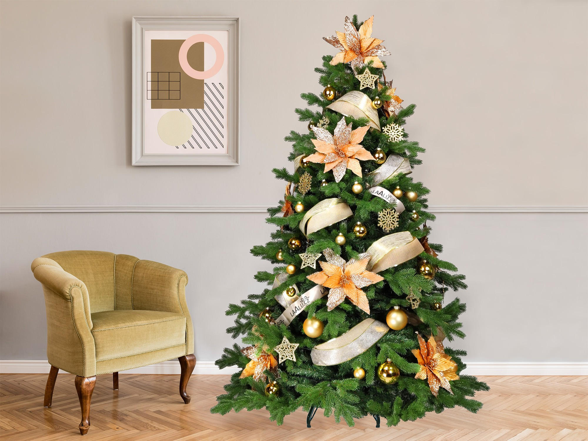 WEIHNACHTSBAUM geschmückt künstlich mit 152 Stk Kugeln GOLD GLITTER II 270 cm mit Metallständer - Goldfarben/Braun, Kunststoff (270cm) - LAALU