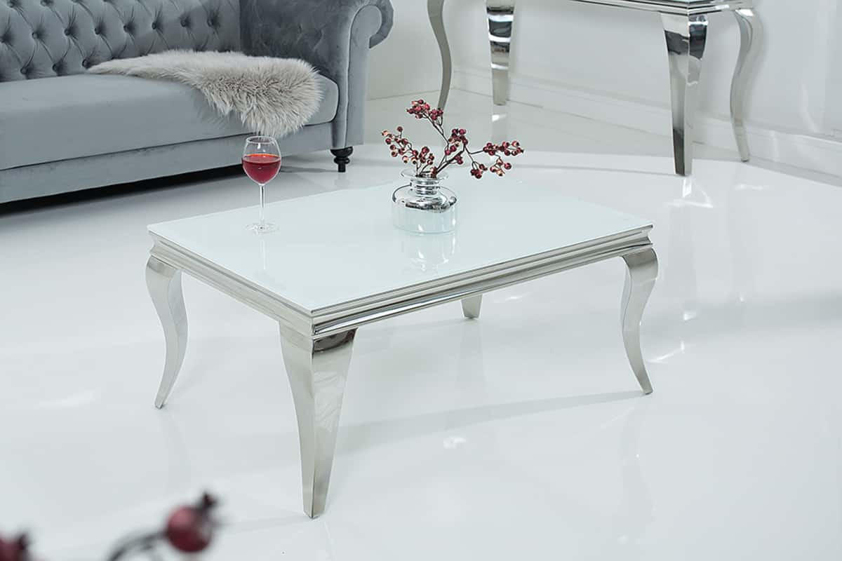 COUCHTISCH MODERN BAROCK rechteckig Silber|Weiß 100cm - Silberfarben/Weiß, Glas/Metall (60/100/45cm) - riess-ambiente