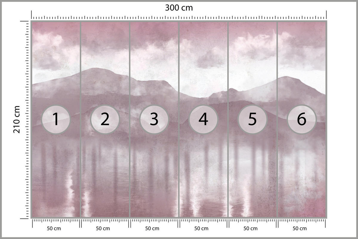 FOTOTAPETE für Wohnzimmer Neblige Berglandschaft Violet Bergpanorama Modern 300x210 - Violett/Rosa, Papier (300/210cm) - Muralo