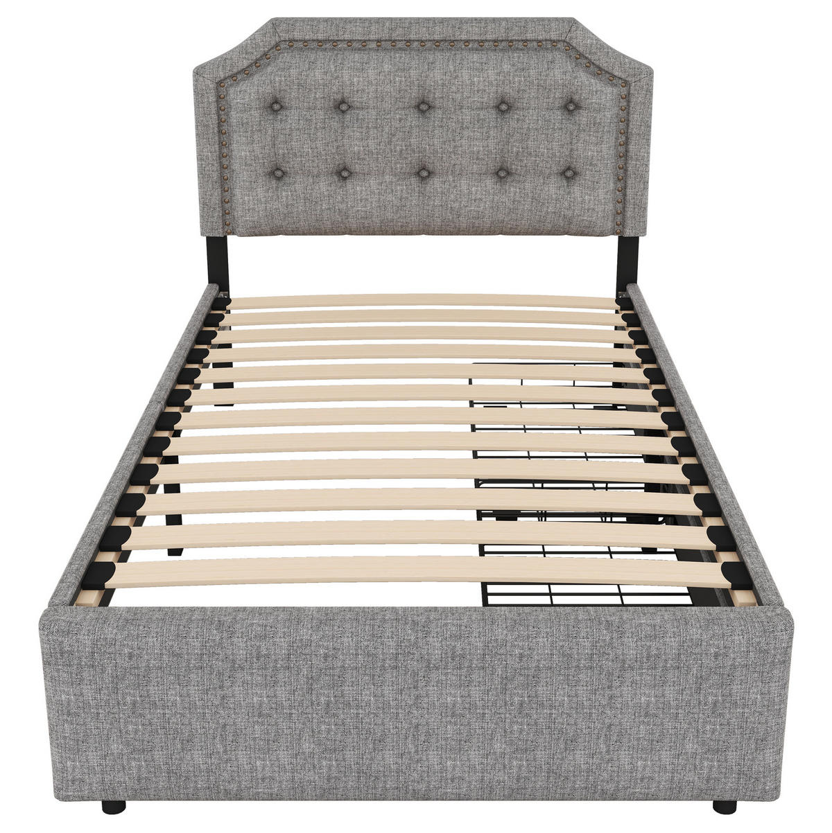 POLSTERBETT 90/200 cm grau mit Aufbewahrung und verstellbarem Nachttisch - Grau, Textil (90/200cm) - OKWISH