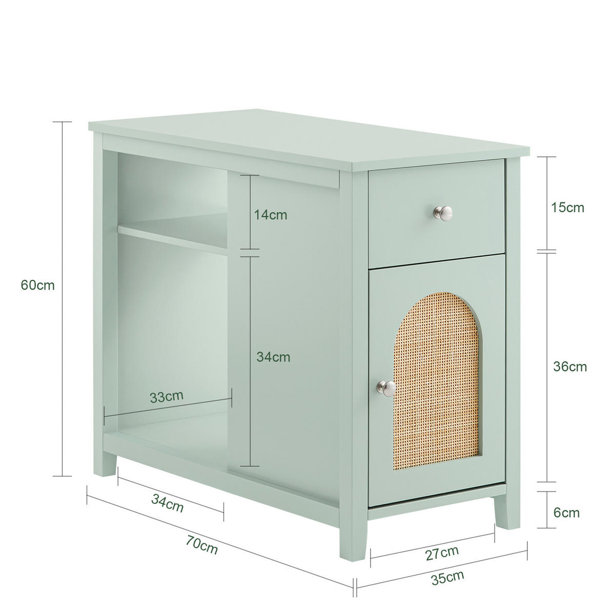 NACHTTISCH mit Schublade, Beistelltisch, Bambus und MDF, Grün - Silberfarben/Grün, Holzwerkstoff/Metall (35/60/70cm) - SoBuy