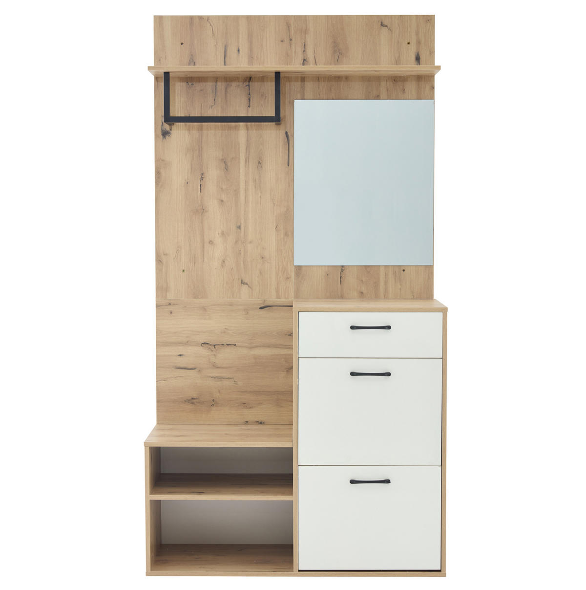 OMARA za čevlje 100/38,5/190 cm z ogledalom, predalom in zložljivimi vrati, prostorna, Bela + naravna - naravne barve, leseni material (38.5/190/100cm) - Redom