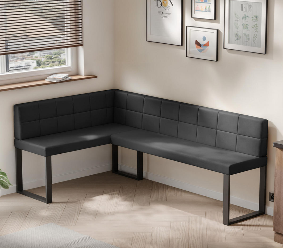 ECKBANK links SANA U Kunstleder gesteppt, 128/168 cm Schwarz - Schwarz, Kunststoff/Textil (128/168cm) - Idohome