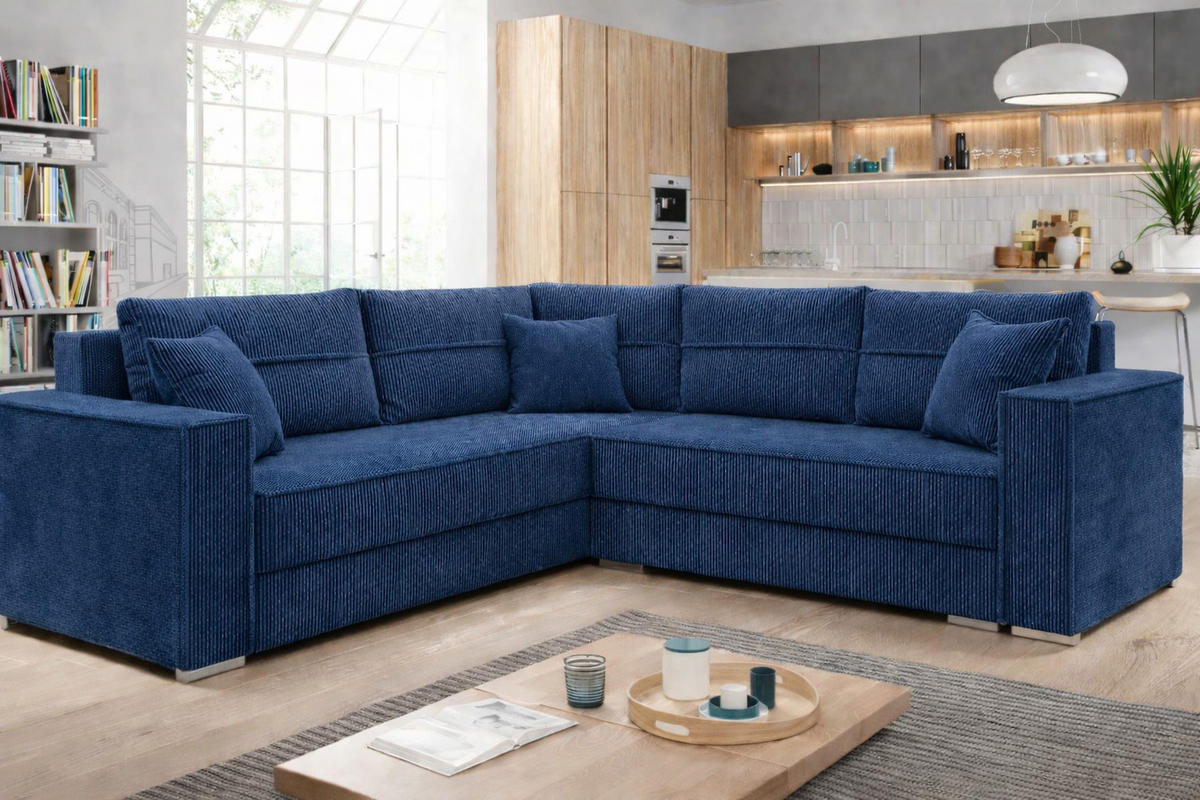 ECKSOFA PARIS – L-Form mit Schlaffunktion & Bettkasten Flauschiger Cord Stoff POSO Blau - Blau, Kunststoff (239/222cm) - Wohnideebilder