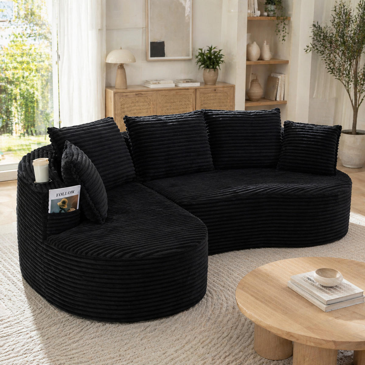ECKSOFA DE-33808 Bogendesign mit Becherhalter Schwarz - Schwarz, Textil (250/152cm) - ComfortXL
