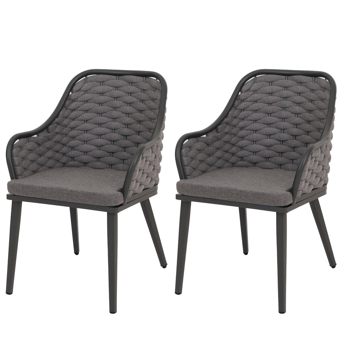 GARTENSTUHL 2er-Set aus Aluminium HxBxT 84x59x63cm Sitzhöhe 46cm Olefin (200 g/m²) Seilgeflecht Rope Anthrazit Kissen Dunkelgrau - Anthrazit, Metall (59/84/63cm) - PROREGAL