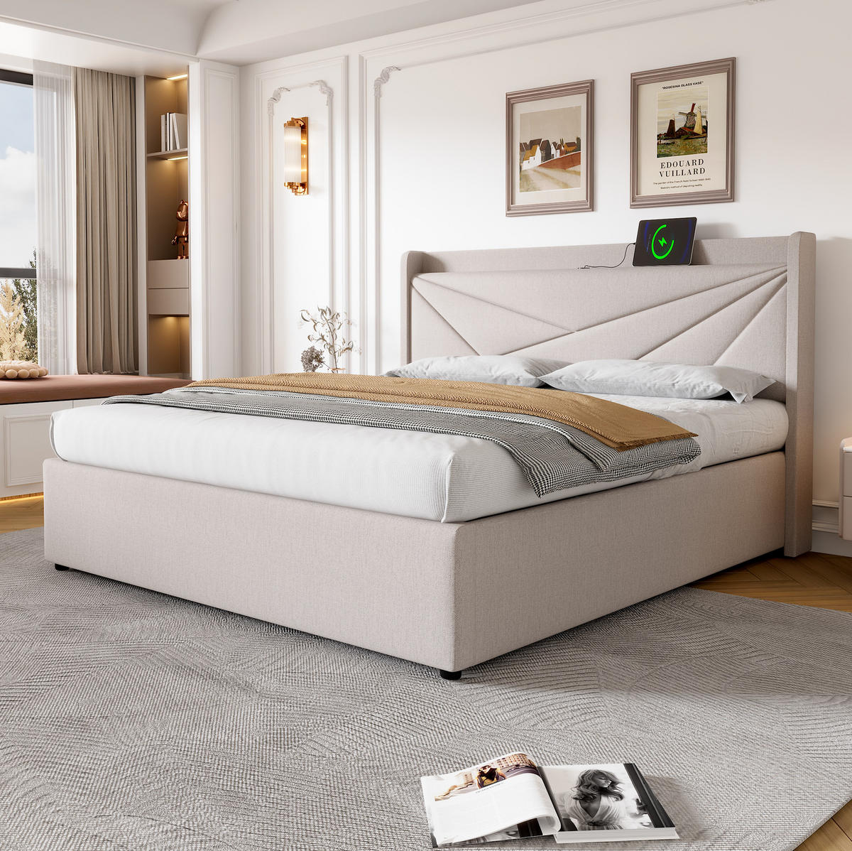POLSTERBETT 140/200 cm Beige aus Baumwolle-Leinen mit Bettkasten und USB-/Typ-C-Ladefunktion - Beige, Textil (140/200cm) - OKMYHOME