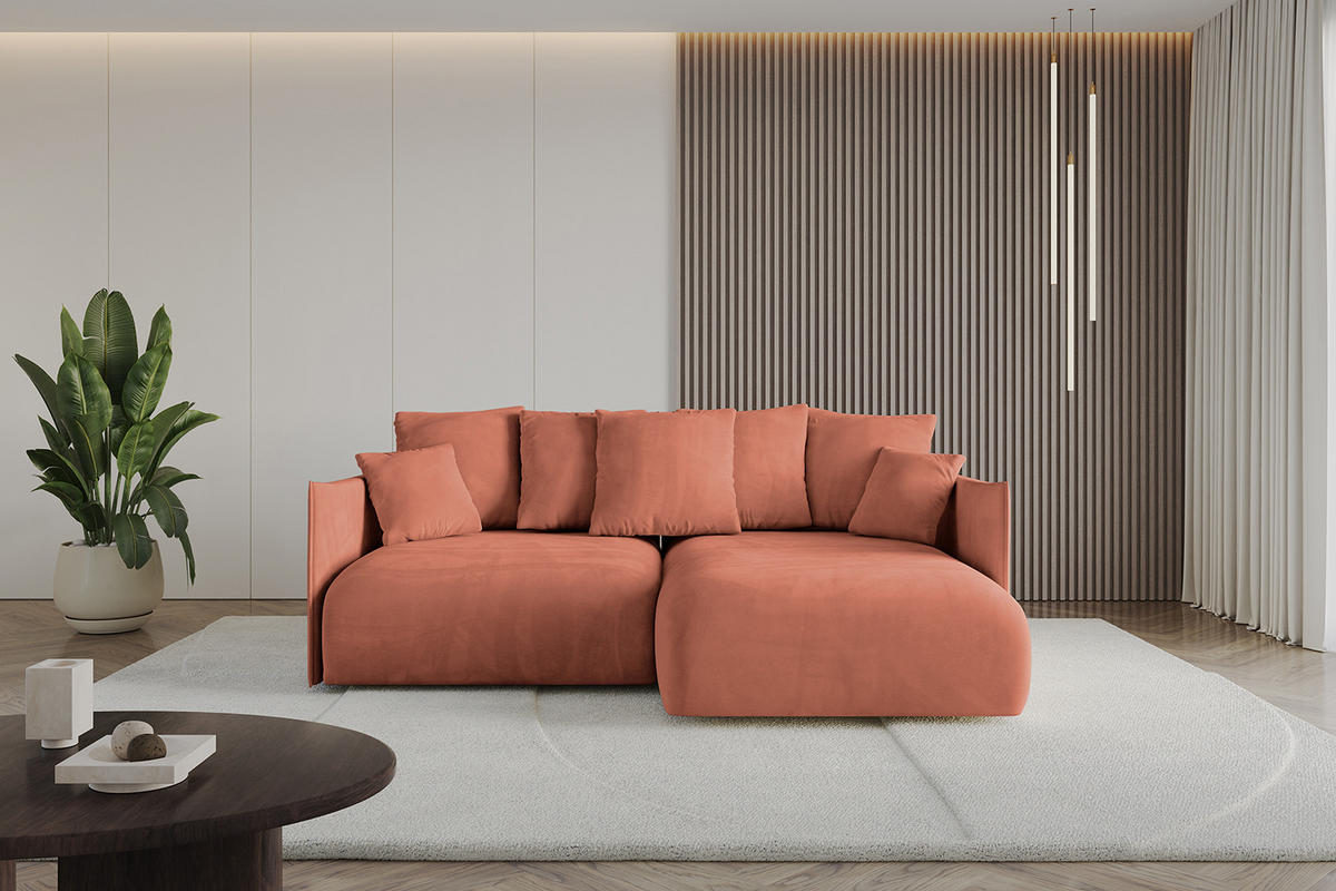 ECKSOFA Ottomane rechts ONESK-L 216x177x72 Apricot Velours - Koralle, Holzwerkstoff/Kunststoff (177/216cm) - ALTDECOR