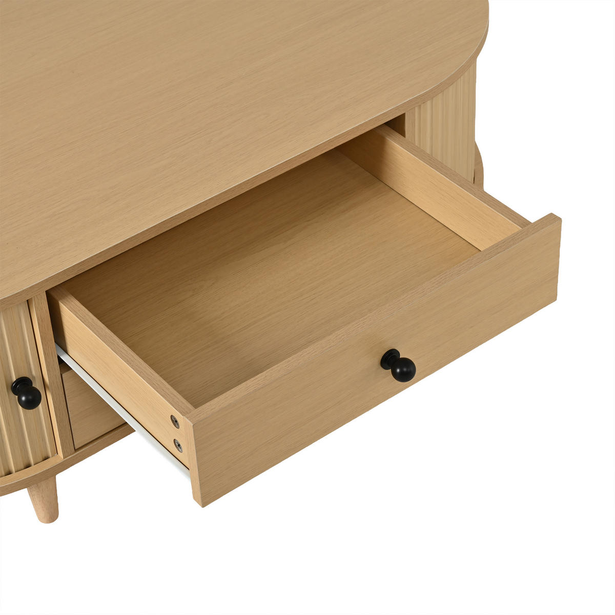 COUCHTISCH in Holzoptik Runder Kaffeetisch mit Rolltüren und Schubladen, Massivholzbeinen, 100/50/36 cm - Hellbraun, Holzwerkstoff (50/100/36cm) - STILVORA