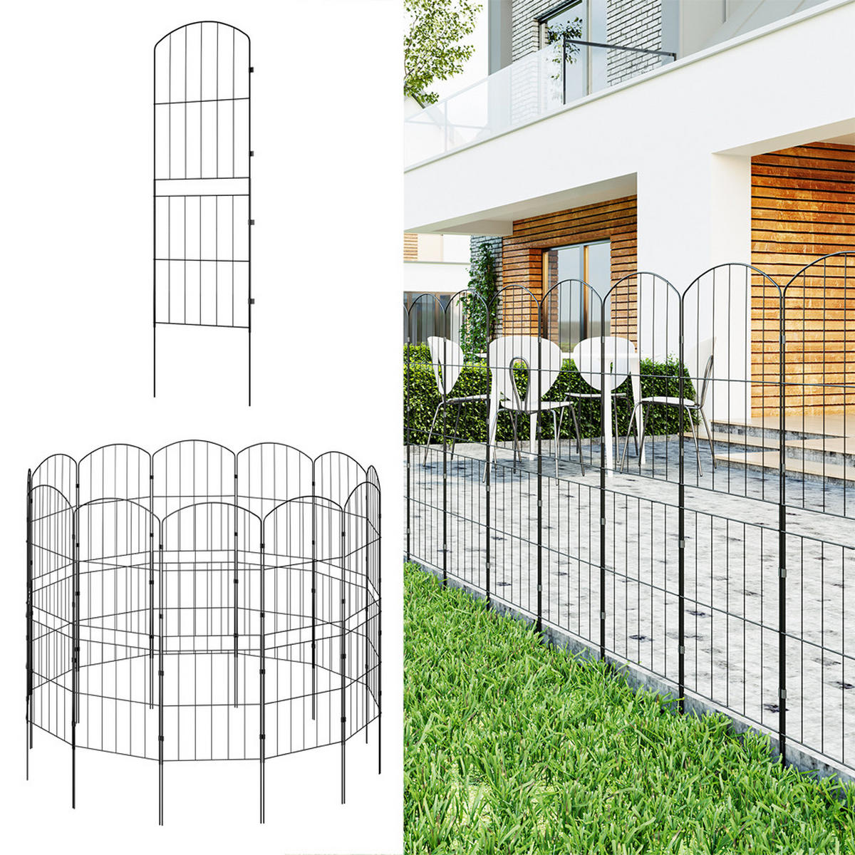 GARTENZAUN 10 Stück aus Metall in Schwarz Abnehmbares Design Robuste Metallkonstruktion je Paneel: 31 cm B × 96 cm H - Schwarz, Metall (31cm) - Livingandhome