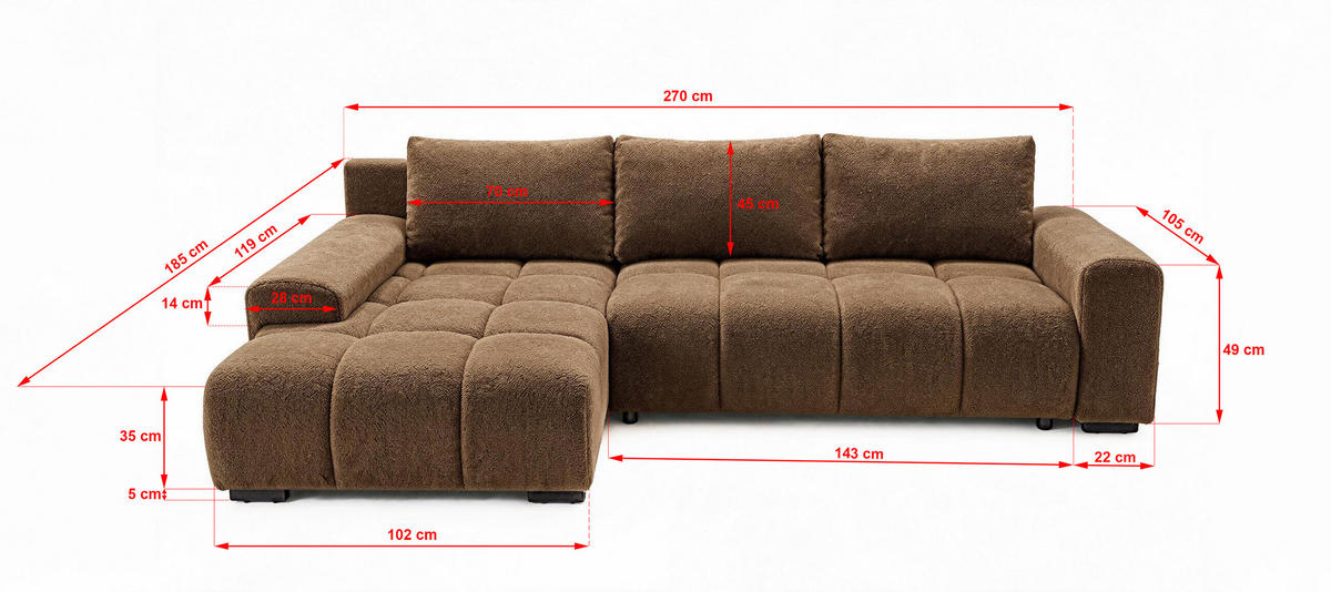 ECKSOFA Ovia mit Bettkasten und Schlaffunktion, Bouclé-Stoff in L-Form - Braun, Textil (270/185cm)