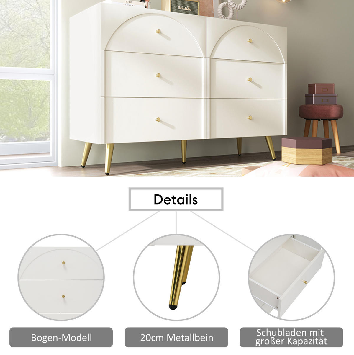 KOMMODE 120/85/40 cm Creme-Weiß aus Holz und Metall mit 6 Schubladen - Creme, Holz (85/40/120cm) - OKMYHOME