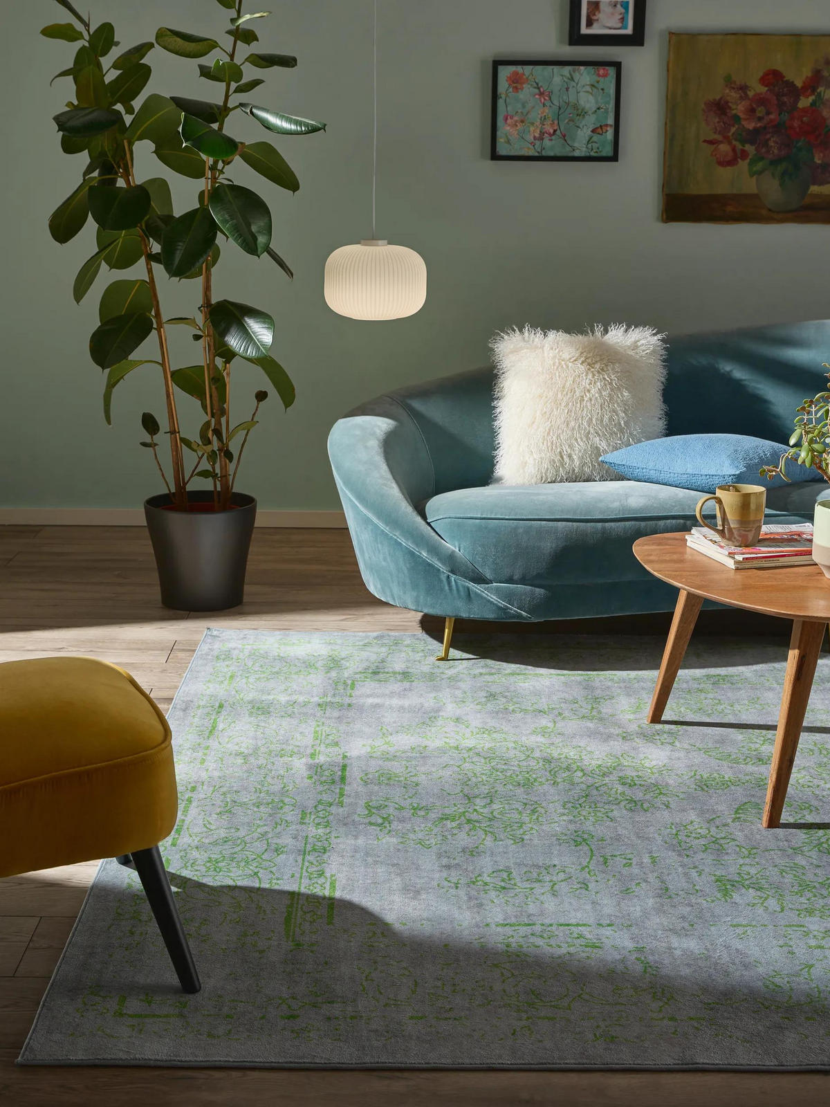 VINTAGE-TEPPICH Miray waschbar 160/230 cm - Grau/Grün, Kunststoff (160/230cm) - benuta Nest