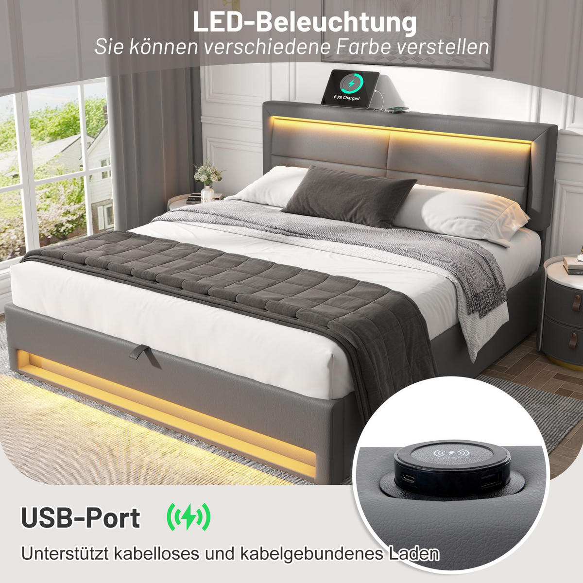 POLSTERBETT 140/190 cm aus PU mit USB-Anschluss, kabellosem Laden, LED-Beleuchtung und Stauraum, Grau - Grau, Leder (140/190cm) - Redom