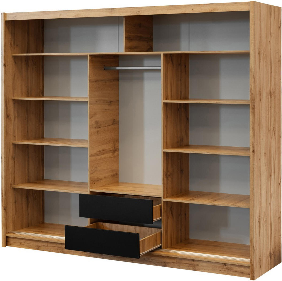 SCHWEBETÜRENSCHRANK Leroy mit Spiegel und Lamellen, 250 cm, Weiß+eiche Wotan - Eiche Wotan/Weiß, Holzwerkstoff (250/215/60.5cm) - Beautysofa