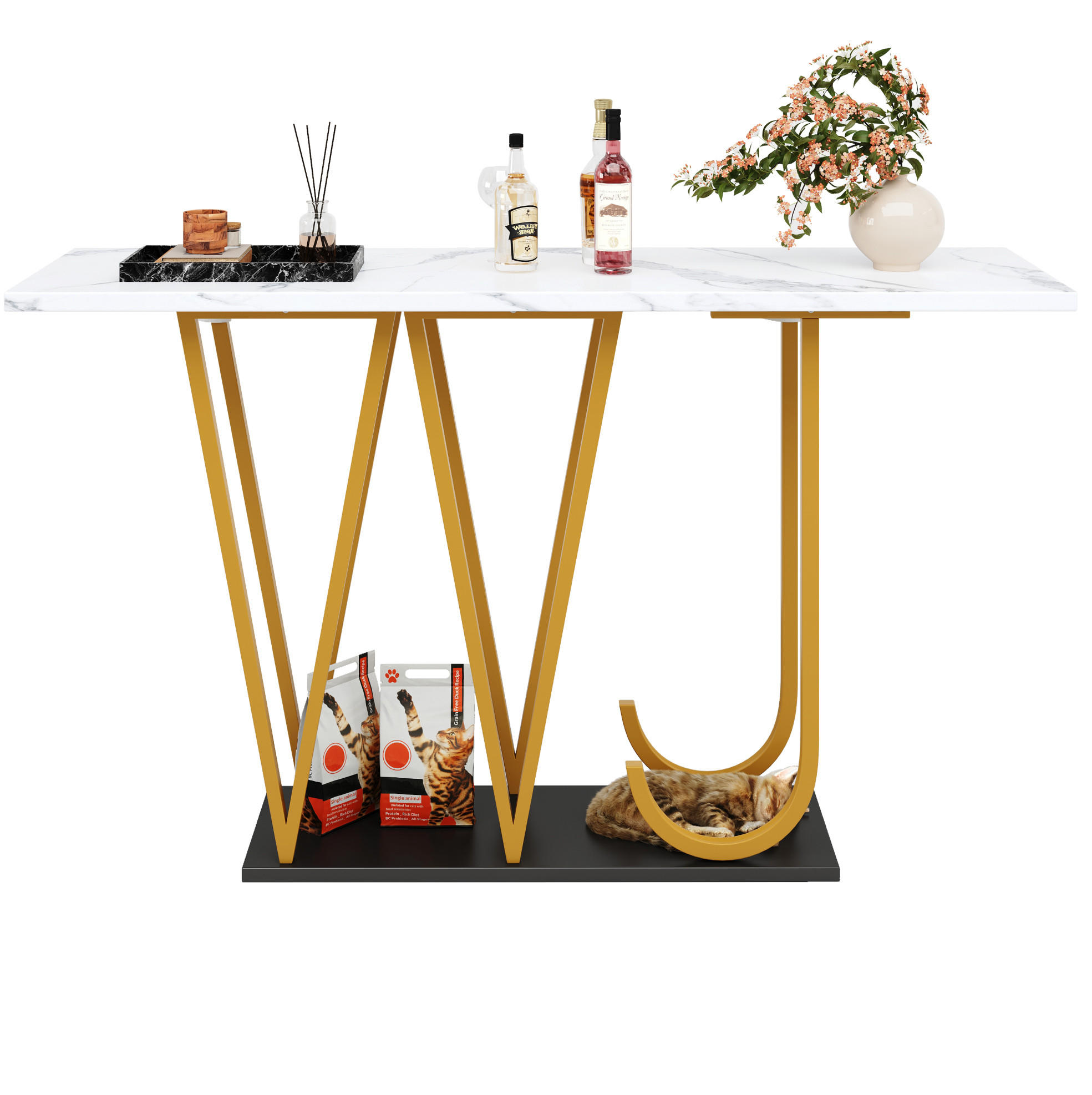 BEISTELLTISCH 120/29,5/80 cm in Weiß mit Marmoroptik und Metallgestell - Weiß, Holzwerkstoff (120/29.5/80cm) - Flora Grace