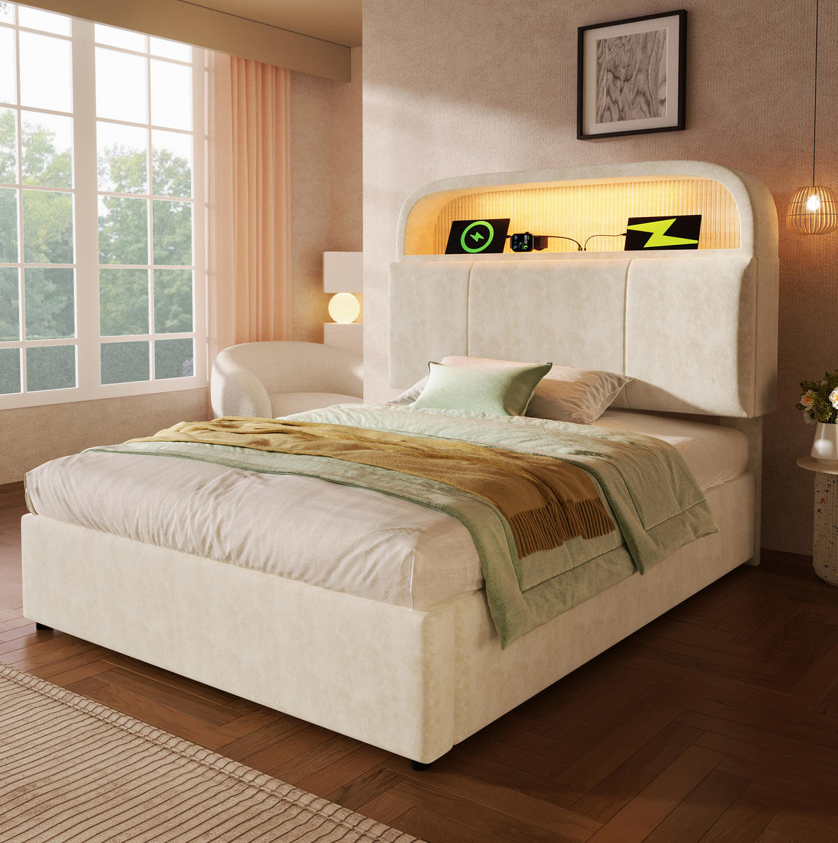POLSTERBETT 90/200 cm Beige mit Matratze, LED-Beleuchtung und Stauraum - Beige, Textil (90/200cm) - Flora Grace
