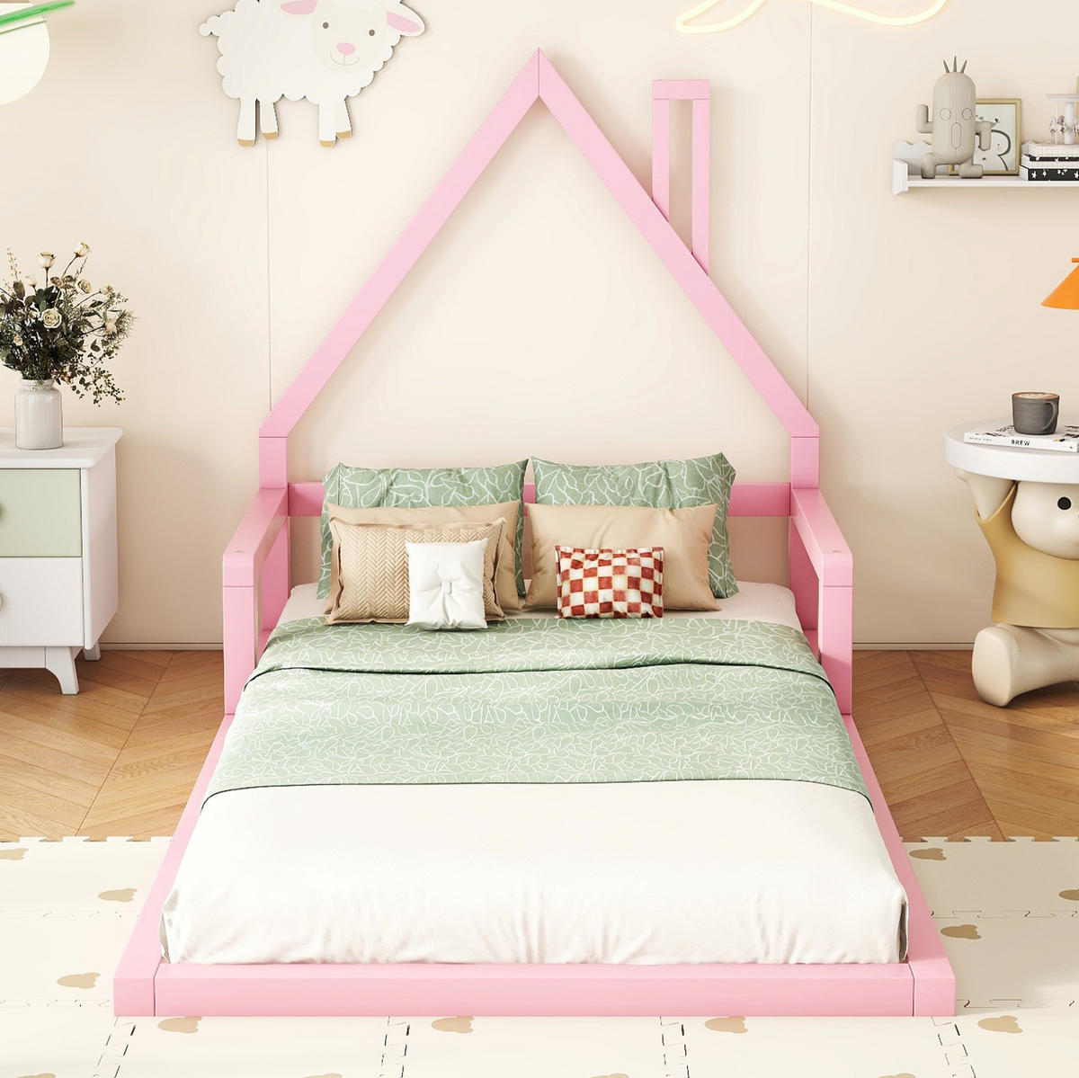 DĚTSKÁ postýlka 90x200 cm v domkovém designu z borovice a MDF, snadná údržba, Růžová - růžová, kompozitní dřevo (90/200cm) - Redom